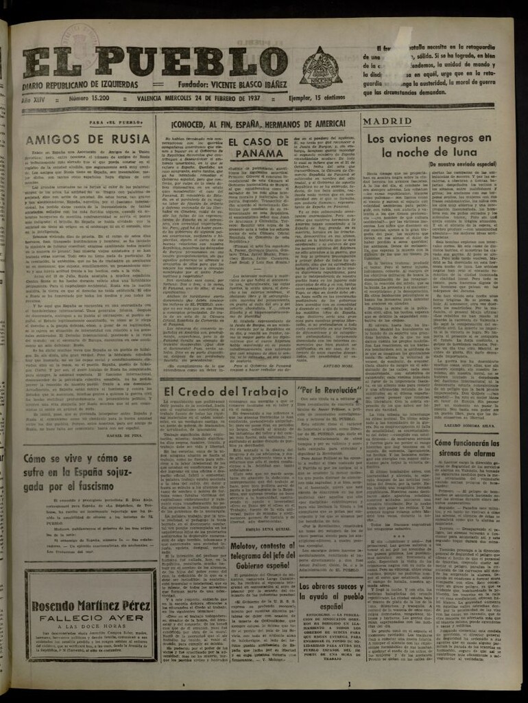 Miniatura de El Pueblo : Diario republicano de Valencia del 24 de febrero de 1937, nº 15.200
