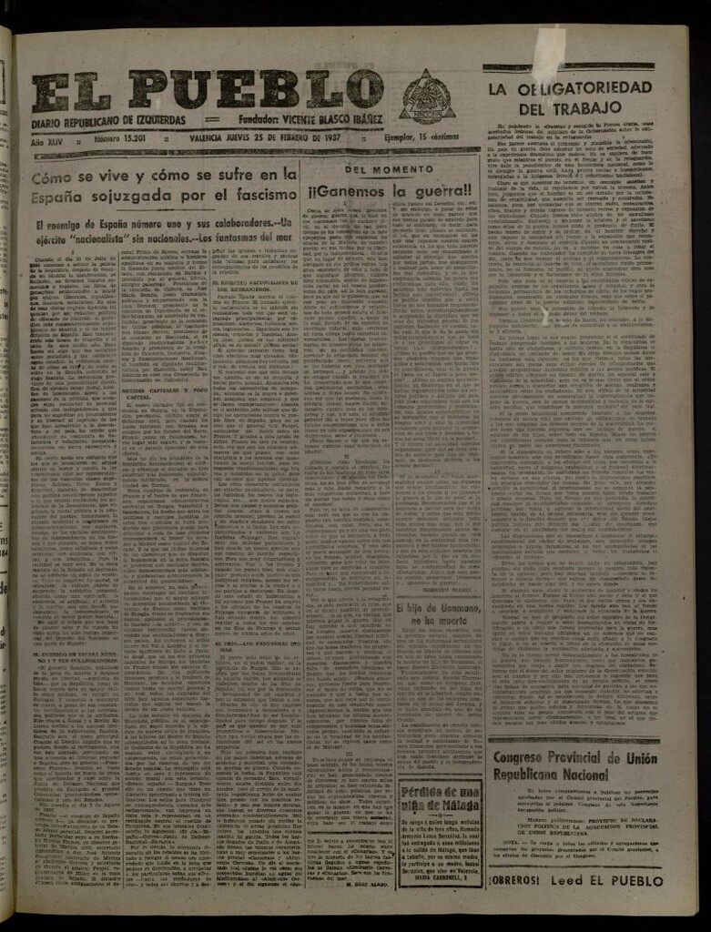 Miniatura de El Pueblo : Diario republicano de Valencia del 25 de febrero de 1937, nº 15.201