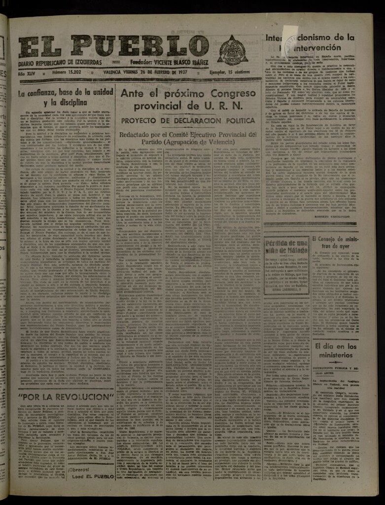 Miniatura de El Pueblo : Diario republicano de Valencia del 26 de febrero de 1937, nº 15.202