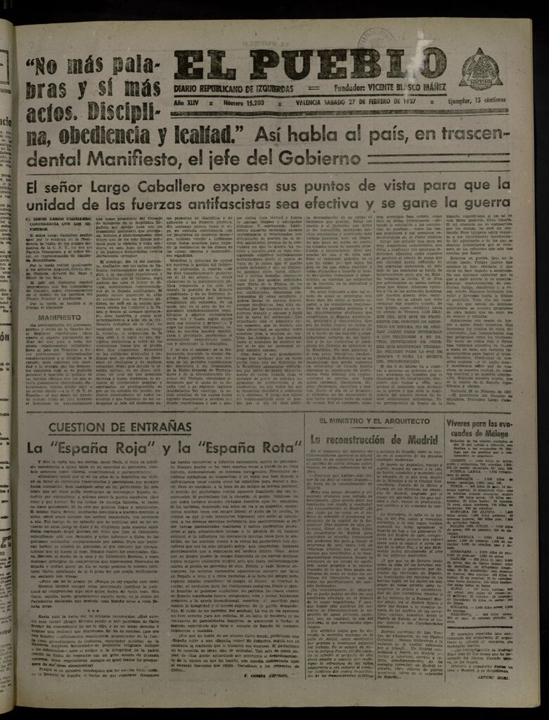 Miniatura de El Pueblo : Diario republicano de Valencia del 27 de febrero de 1937, nº 15.203