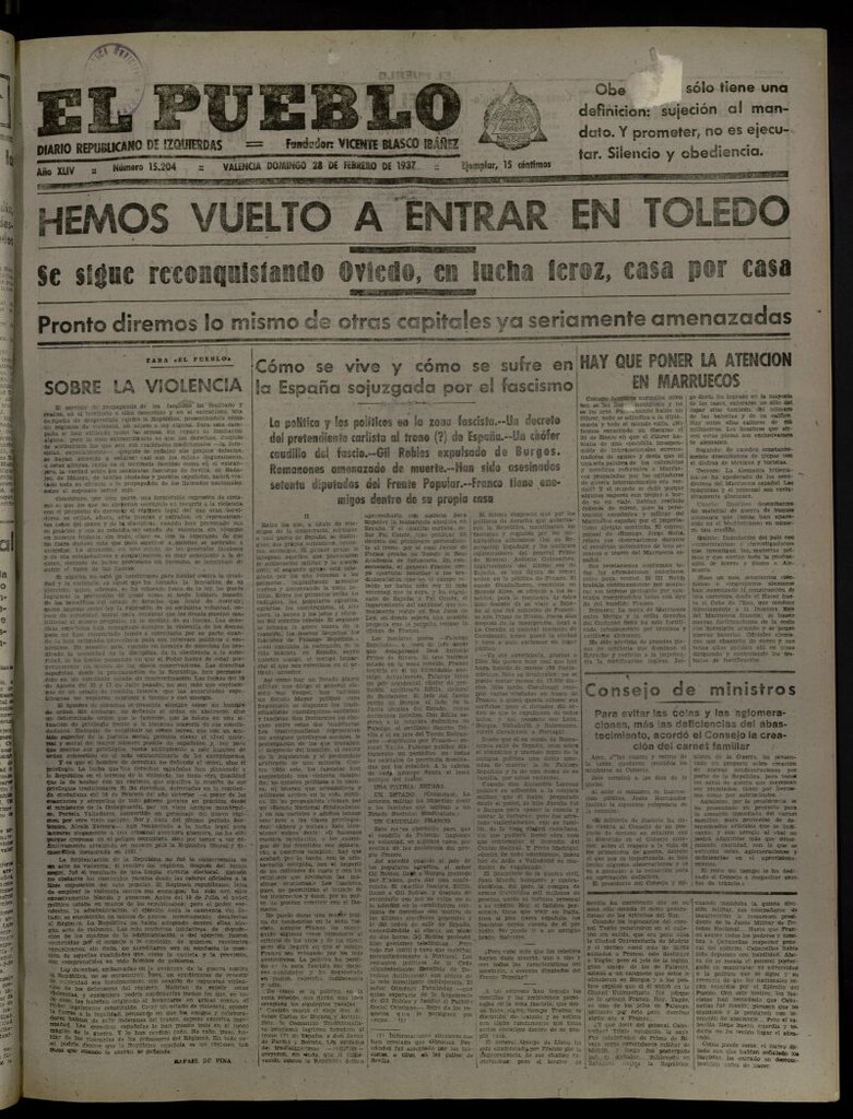 Miniatura de El Pueblo : Diario republicano de Valencia del 28 de febrero de 1937, nº 15.204