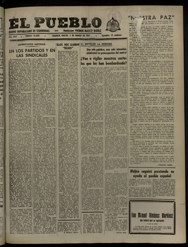 Miniatura de El Pueblo : Diario republicano de Valencia del 2 de marzo de 1937, nº 15.205