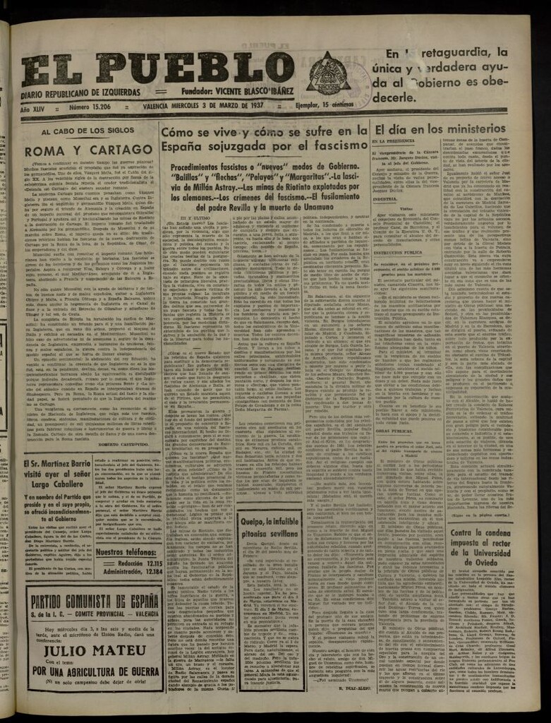 Miniatura de El Pueblo : Diario republicano de Valencia del 3 de marzo de 1937, nº 15.206