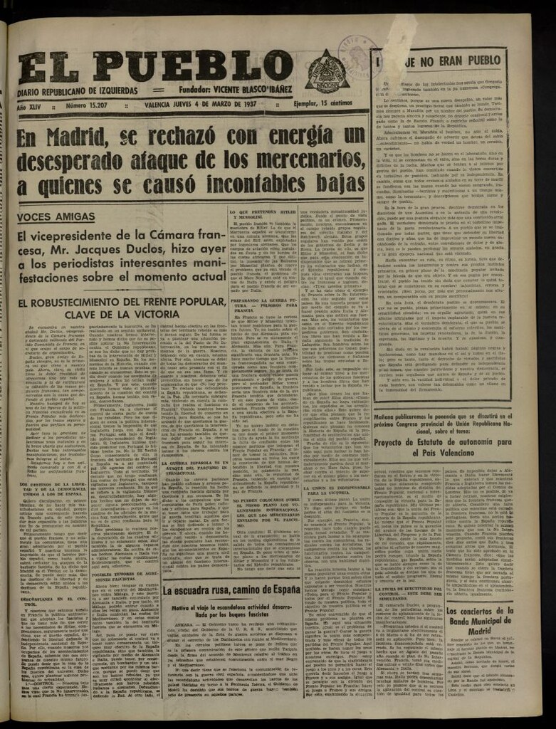 Miniatura de El Pueblo : Diario republicano de Valencia del 4 de marzo de 1937, nº 15.207
