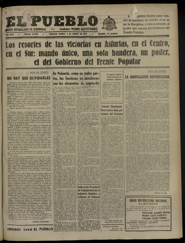 Miniatura de El Pueblo : Diario republicano de Valencia del 5 de marzo de 1937, nº 15.208