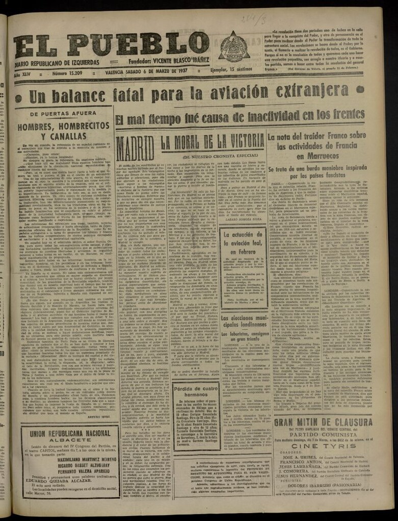 Miniatura de El Pueblo : Diario republicano de Valencia del 6 de marzo de 1937, nº 15.209