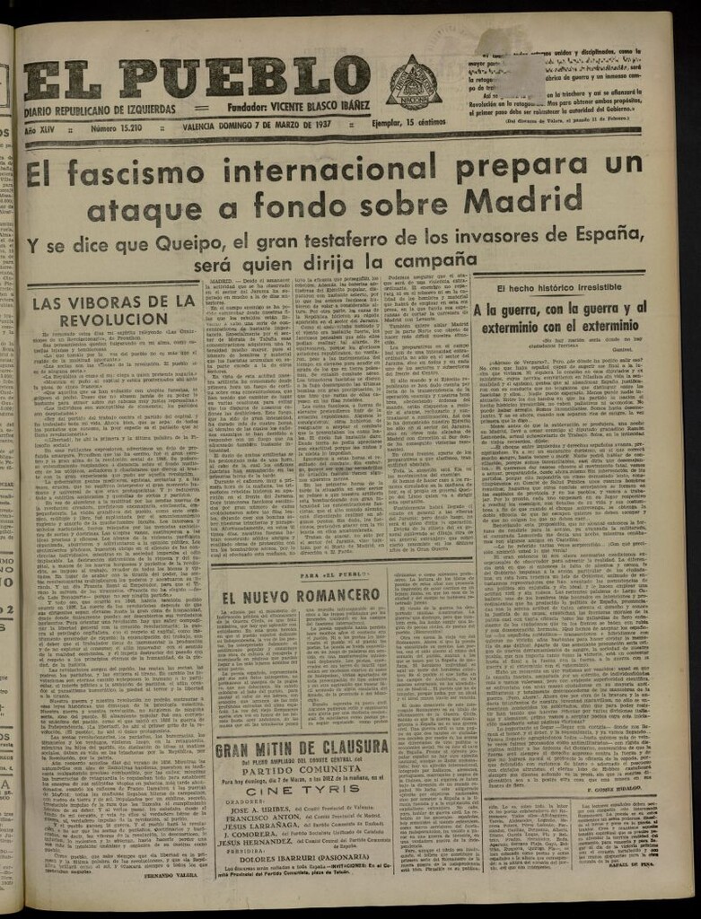 Miniatura de El Pueblo : Diario republicano de Valencia del 7 de marzo de 1937, nº 15.210