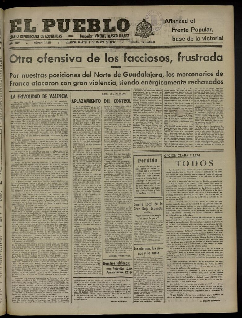 Miniatura de El Pueblo : Diario republicano de Valencia del 9 de marzo de 1937, nº 15.211