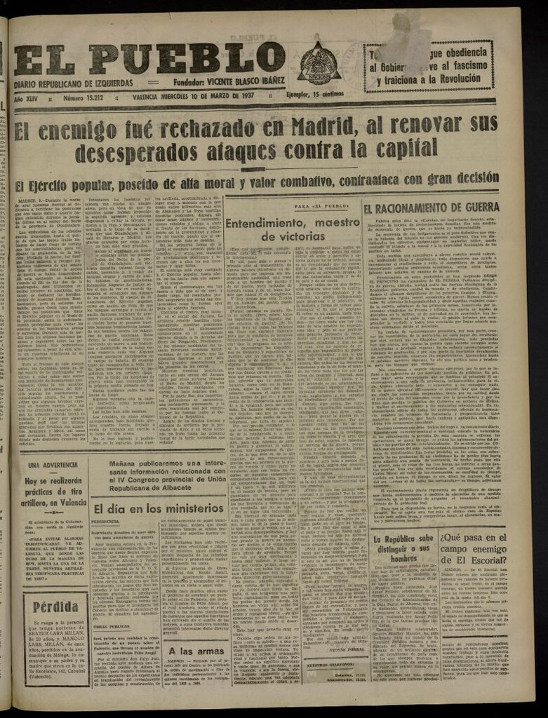 Miniatura de El Pueblo : Diario republicano de Valencia del 10 de marzo de 1937, nº 15.212