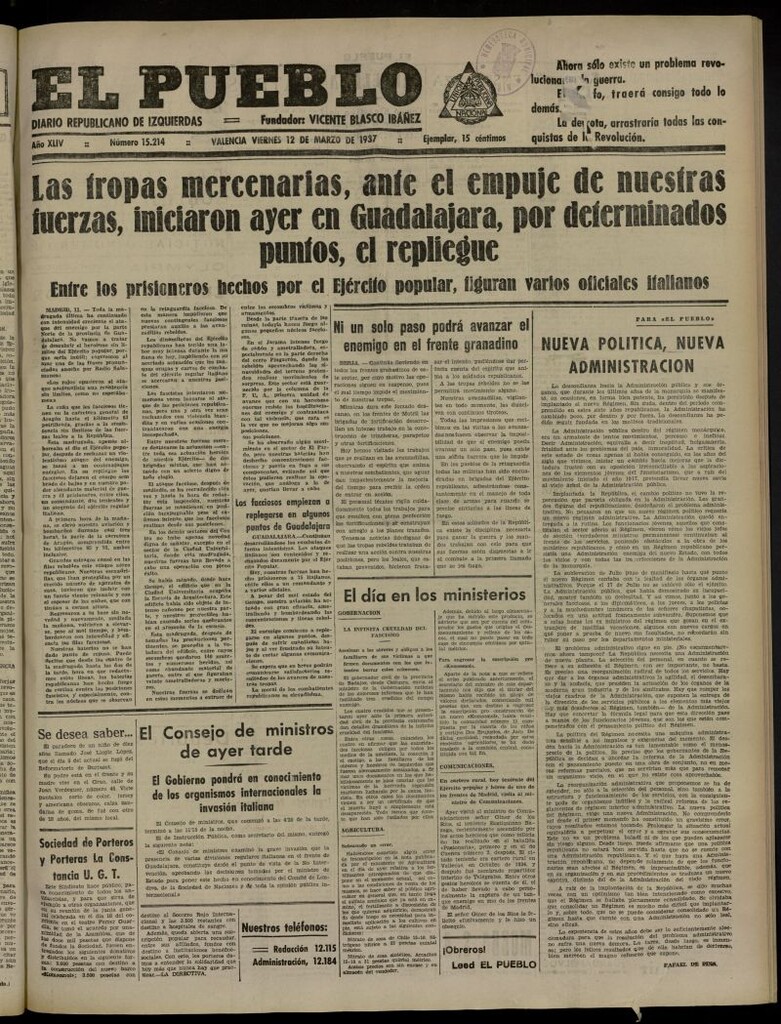 Miniatura de El Pueblo : Diario republicano de Valencia del 12 de marzo de 1937, nº 15.214