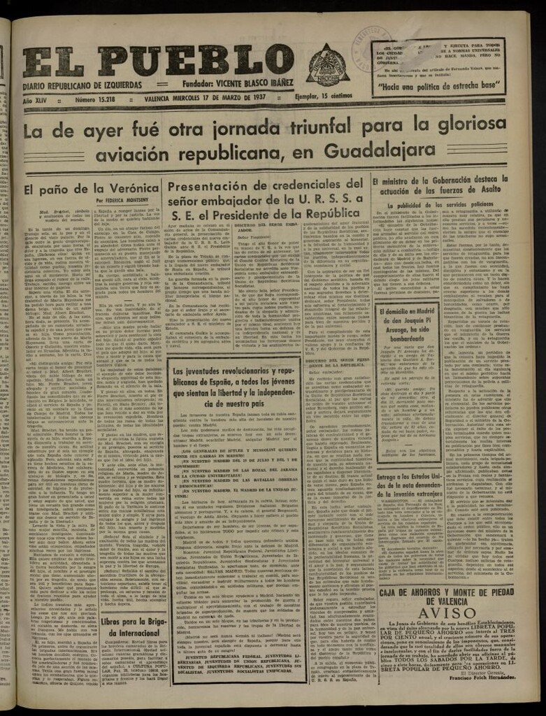 Miniatura de El Pueblo : Diario republicano de Valencia del 17 de marzo de 1937, nº 15.218