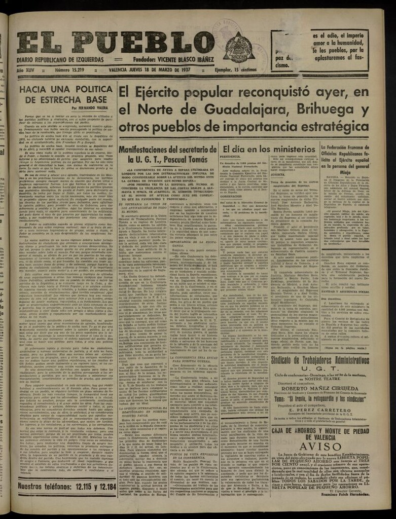 Miniatura de El Pueblo : Diario republicano de Valencia del 18 de marzo de 1937, nº 15.219