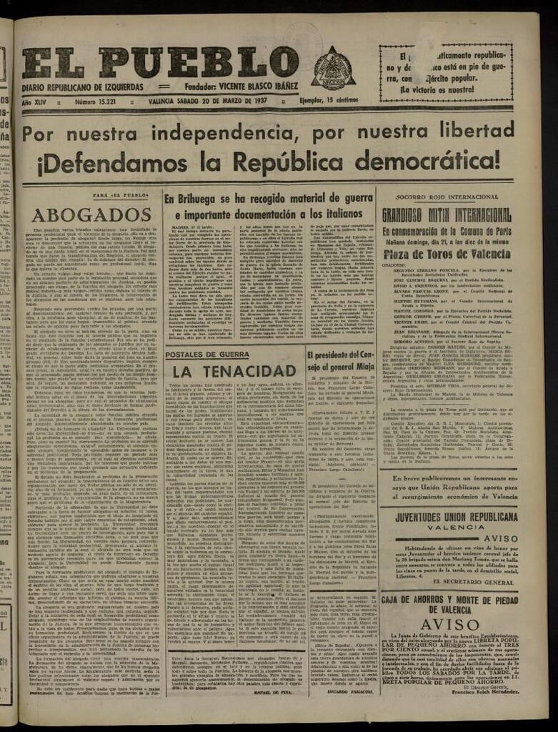 Miniatura de El Pueblo : Diario republicano de Valencia del 20 de marzo de 1937, nº 15.221
