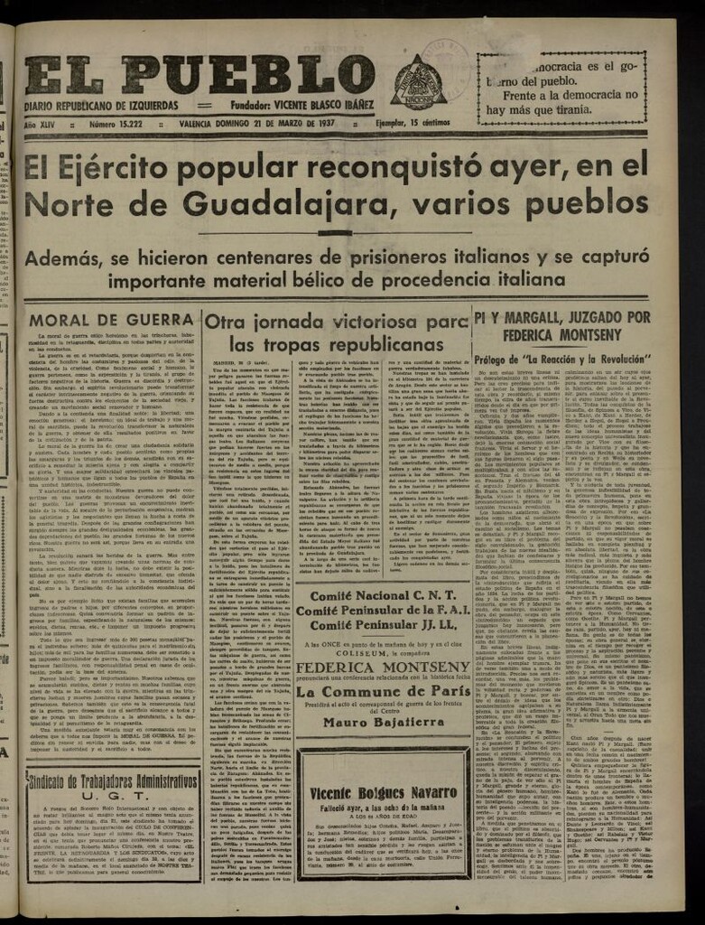 Miniatura de El Pueblo : Diario republicano de Valencia del 21 de marzo de 1937, nº 15.222
