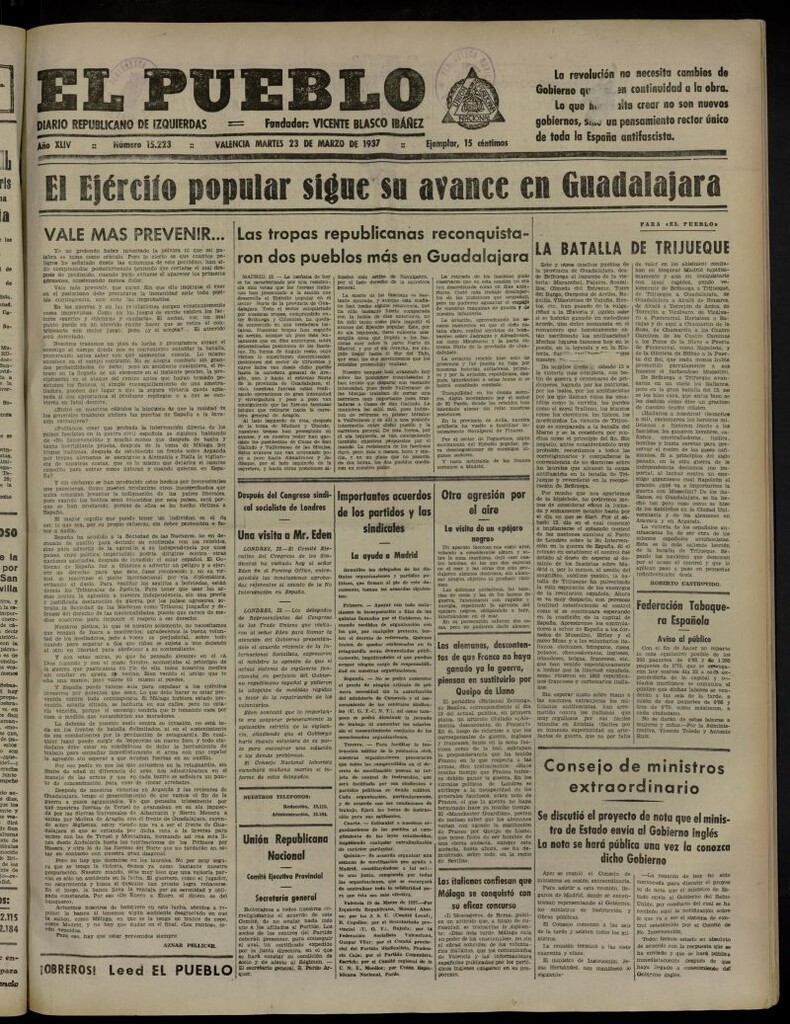 Miniatura de El Pueblo : Diario republicano de Valencia del 23 de marzo de 1937, nº 15.223
