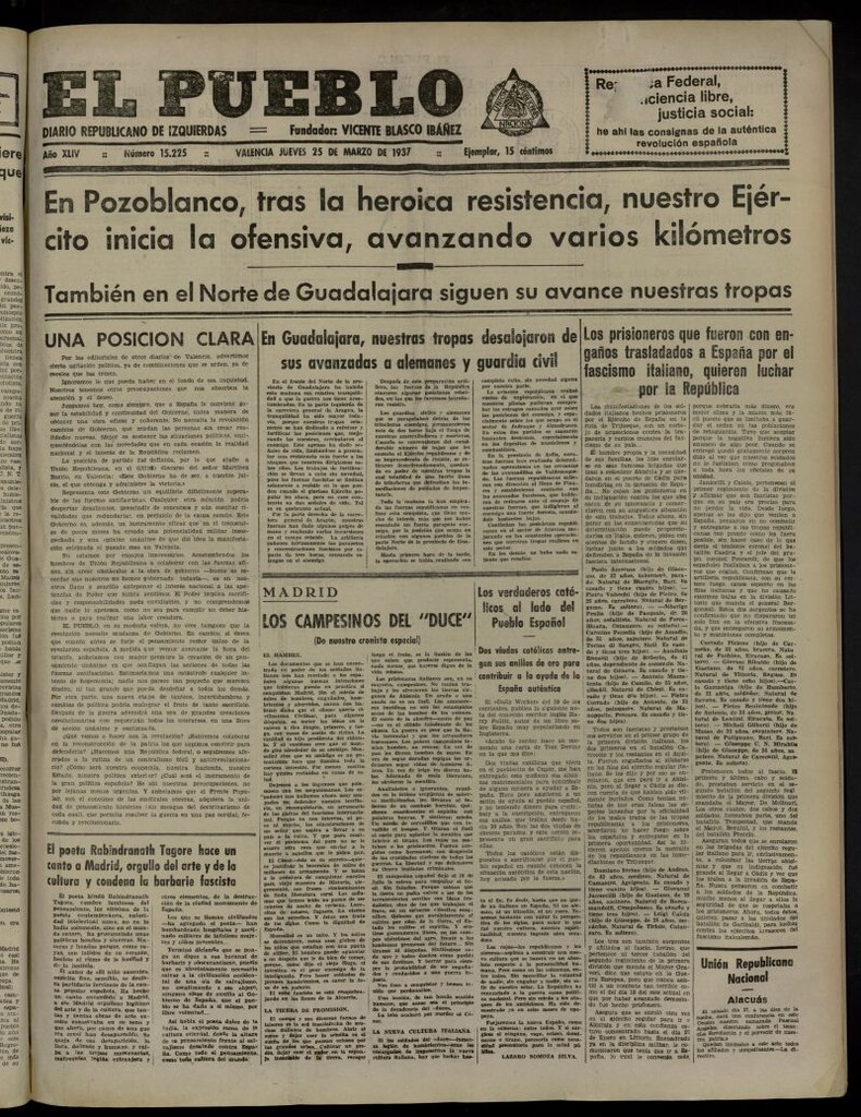 Miniatura de El Pueblo : Diario republicano de Valencia del 25 de marzo de 1937, nº 15.225