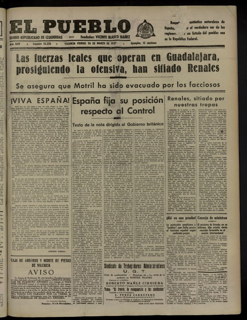 Miniatura de El Pueblo : Diario republicano de Valencia del 26 de marzo de 1937, nº 15.226