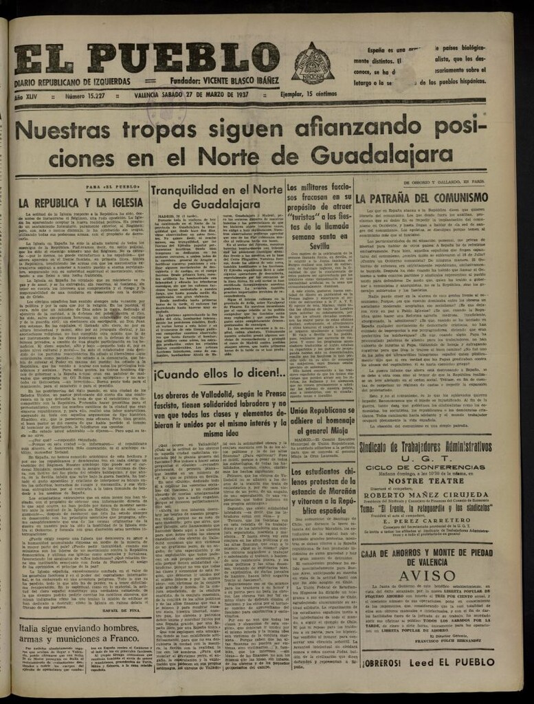 Miniatura de El Pueblo : Diario republicano de Valencia del 27 de marzo de 1937, nº 15.227