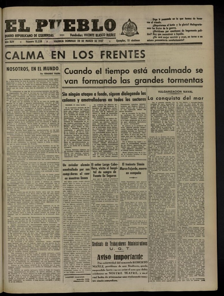 Miniatura de El Pueblo : Diario republicano de Valencia del 28 de marzo de 1937, nº 15.228