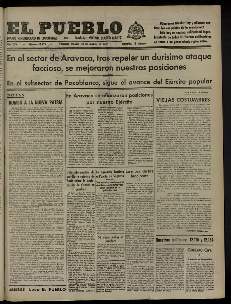 Miniatura de El Pueblo : Diario republicano de Valencia del 30 de marzo de 1937, nº 15.229