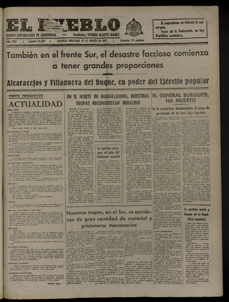 Miniatura de El Pueblo : Diario republicano de Valencia del 31 de marzo de 1937, nº 15.230