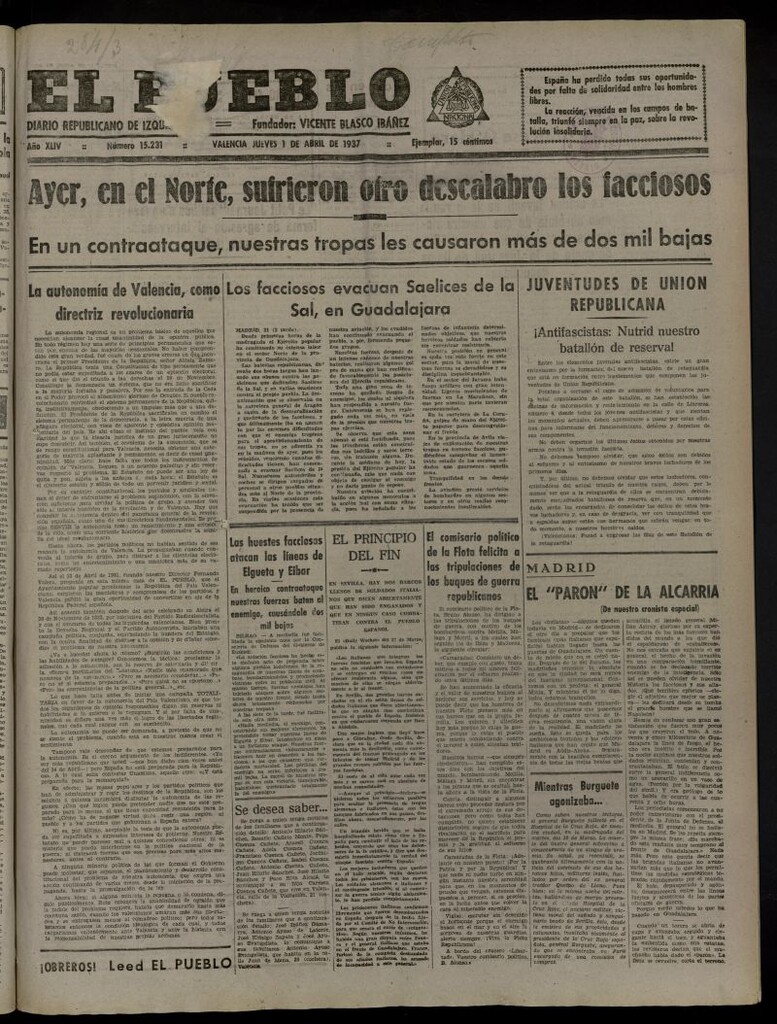 Miniatura de El Pueblo : Diario republicano de Valencia del 1 de abril de 1937, nº 15.231