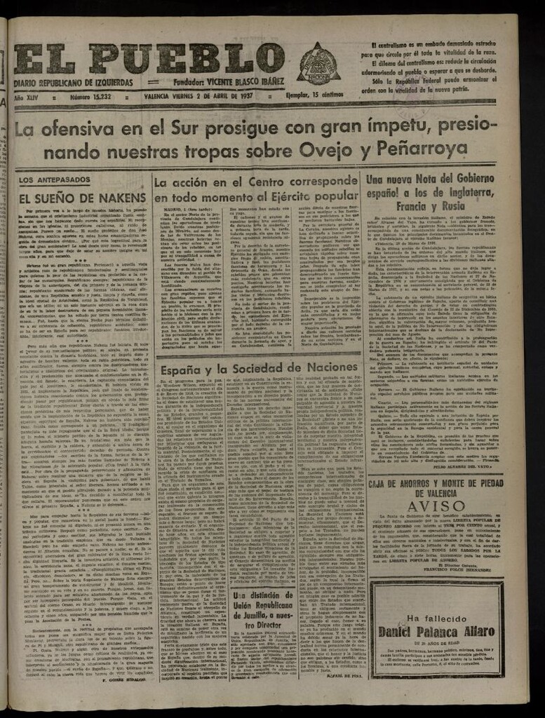 Miniatura de El Pueblo : Diario republicano de Valencia del 2 de abril de 1937, nº 15.232