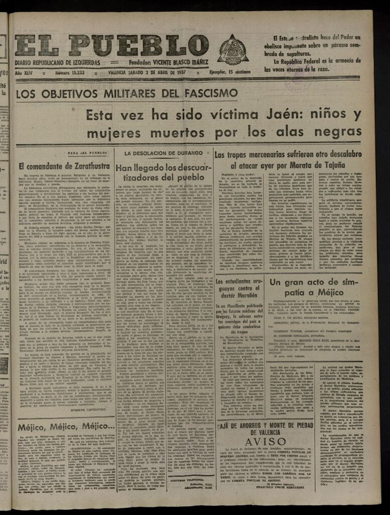 Miniatura de El Pueblo : Diario republicano de Valencia del 3 de abril de 1937, nº 15.233
