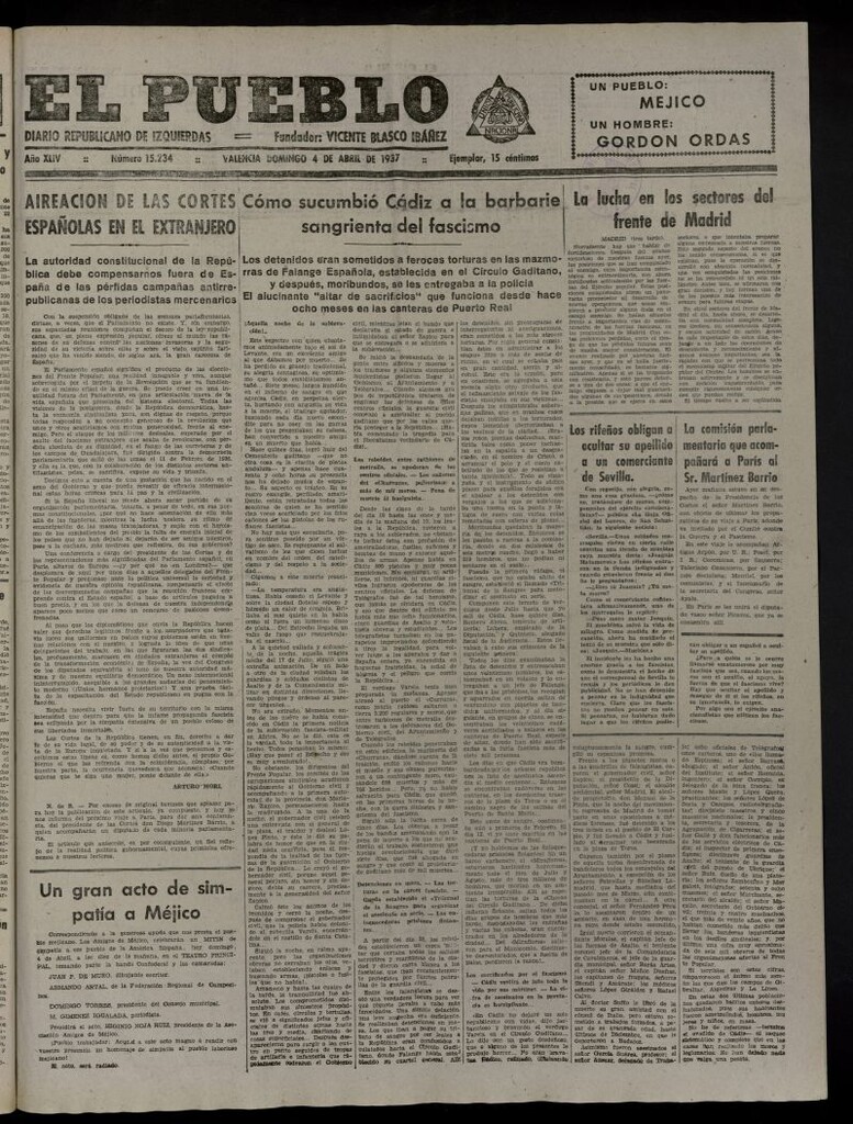 Miniatura de El Pueblo : Diario republicano de Valencia del 4 de abril de 1937, nº 15.234