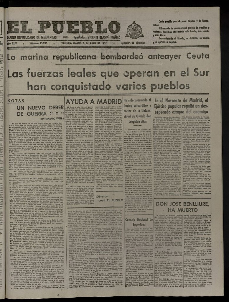 Miniatura de El Pueblo : Diario republicano de Valencia del 6 de abril de 1937, nº 15.235