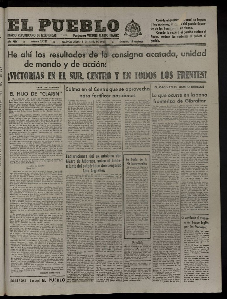Miniatura de El Pueblo : Diario republicano de Valencia del 8 de abril de 1937, nº 15.237