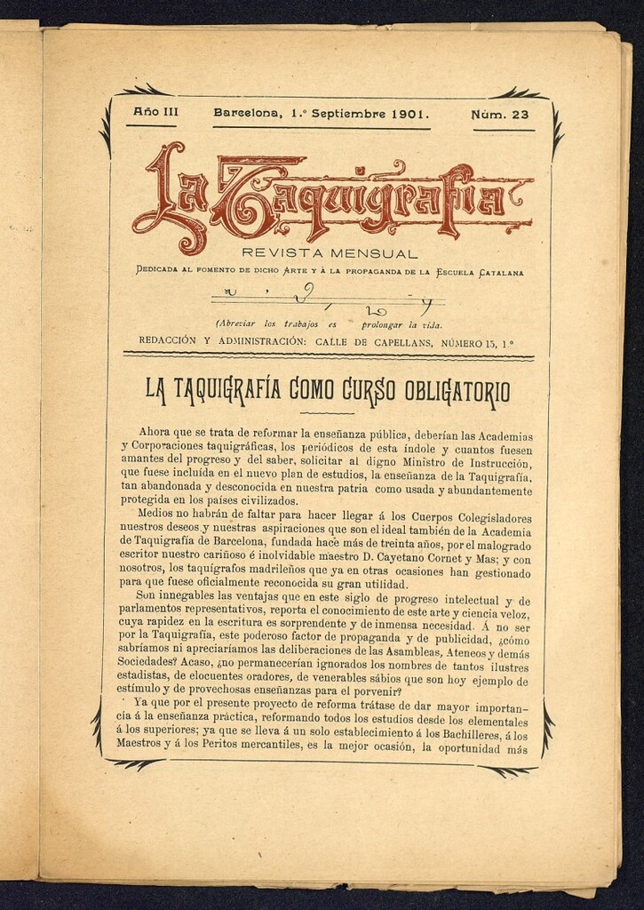 Miniatura de La Taquigrafía. Septiembre de 1901, nº 23