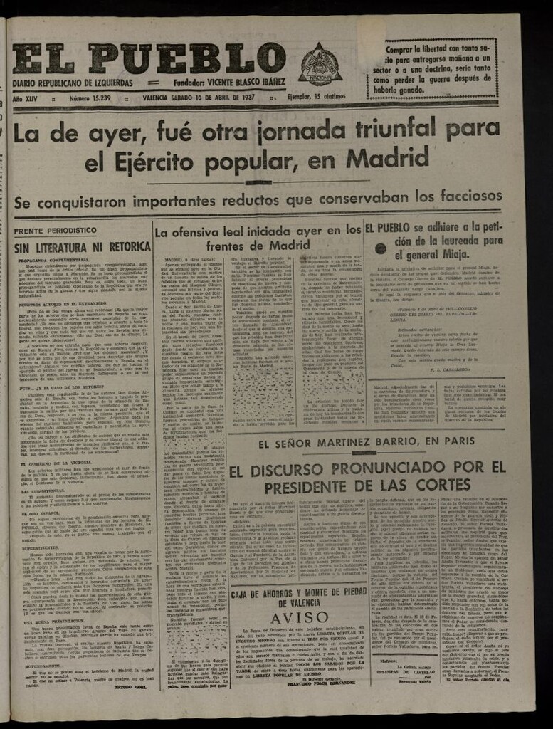 Miniatura de El Pueblo : Diario republicano de Valencia del 10 de abril de 1937, nº 15.239