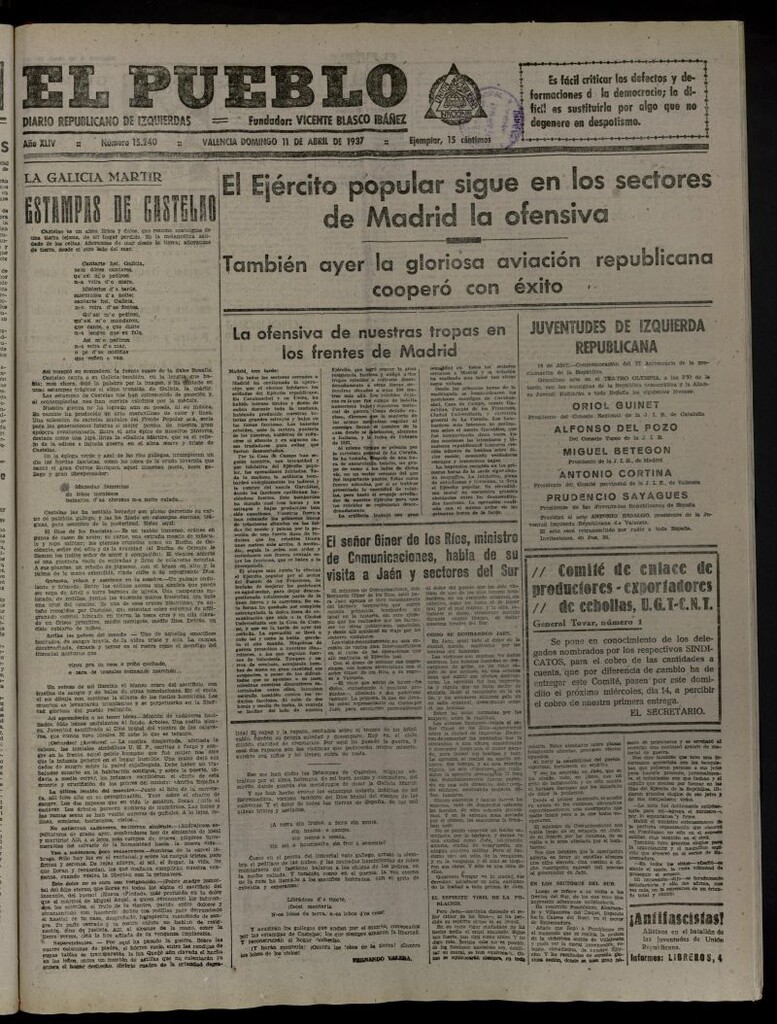 Miniatura de El Pueblo : Diario republicano de Valencia del 11 de abril de 1937, nº 15.240