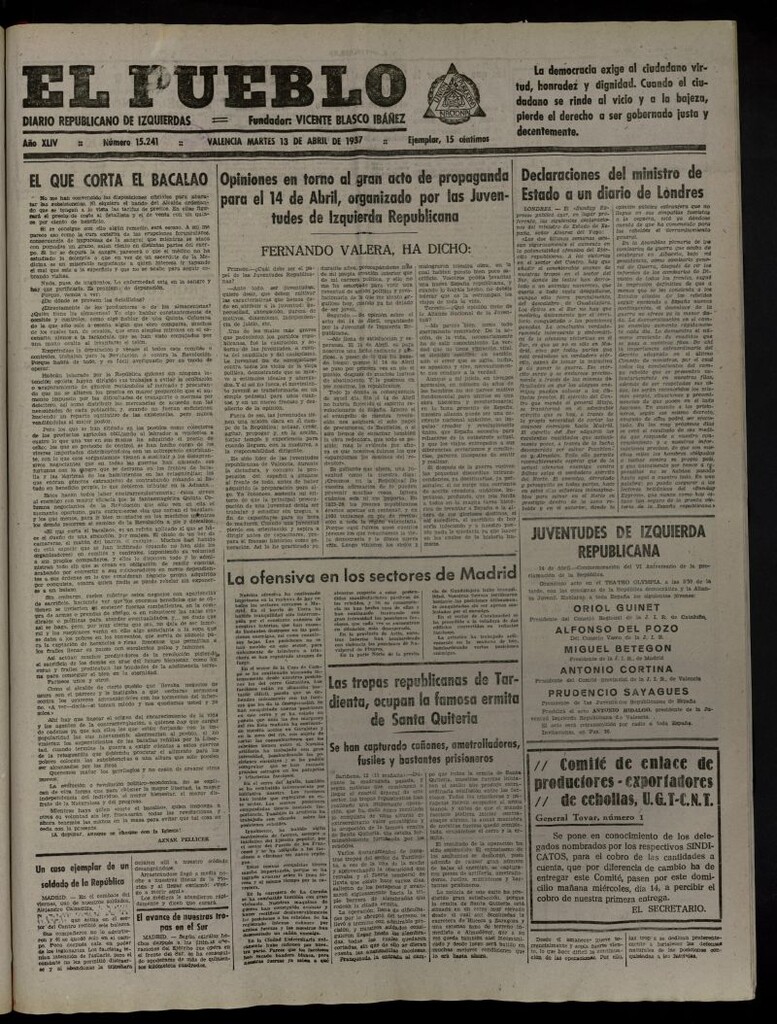 Miniatura de El Pueblo : Diario republicano de Valencia del 13 de abril de 1937, nº 15.241