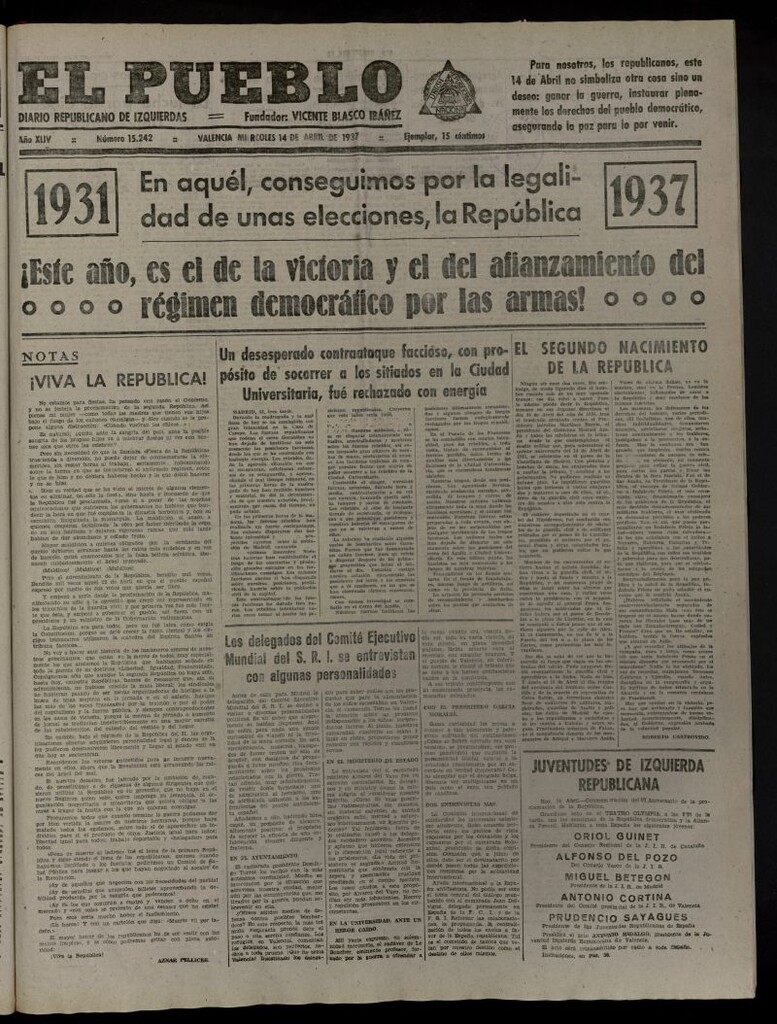 Miniatura de El Pueblo : Diario republicano de Valencia del 14 de abril de 1937, nº 15.242