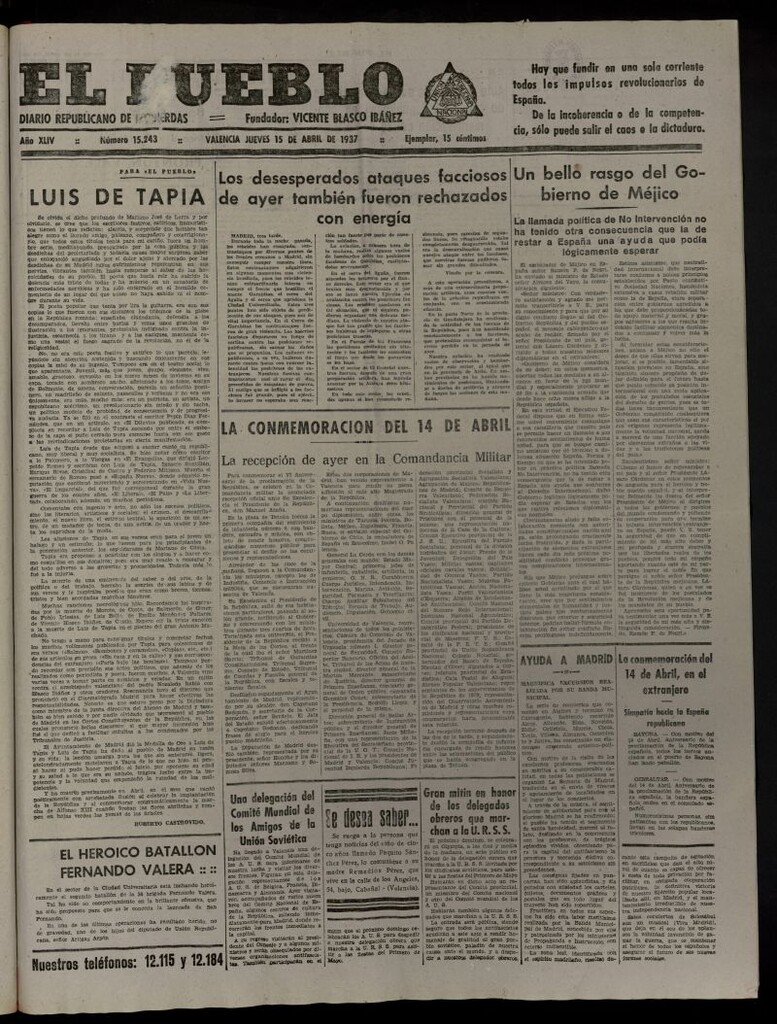 Miniatura de El Pueblo : Diario republicano de Valencia del 15 de abril de 1937, nº 15.243