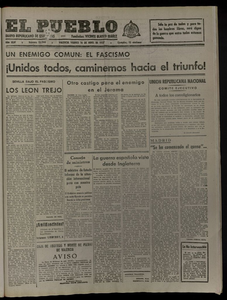 Miniatura de El Pueblo : Diario republicano de Valencia del 16 de abril de 1937, nº 15.244