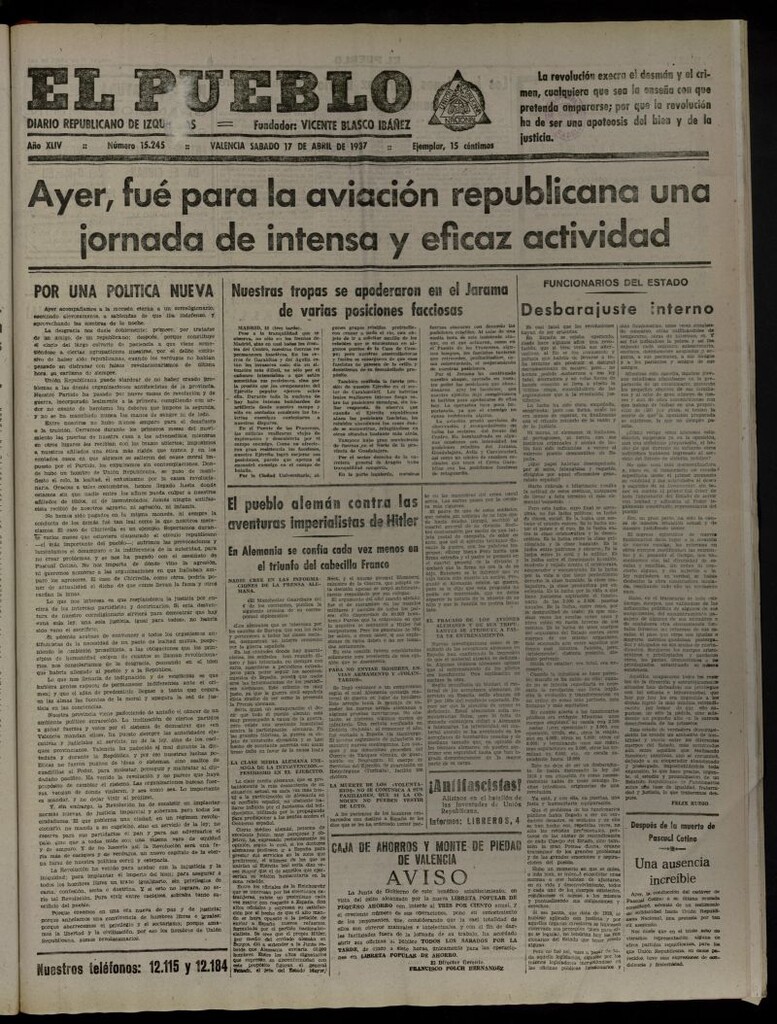 Miniatura de El Pueblo : Diario republicano de Valencia del 17 de abril de 1937, nº 15.245