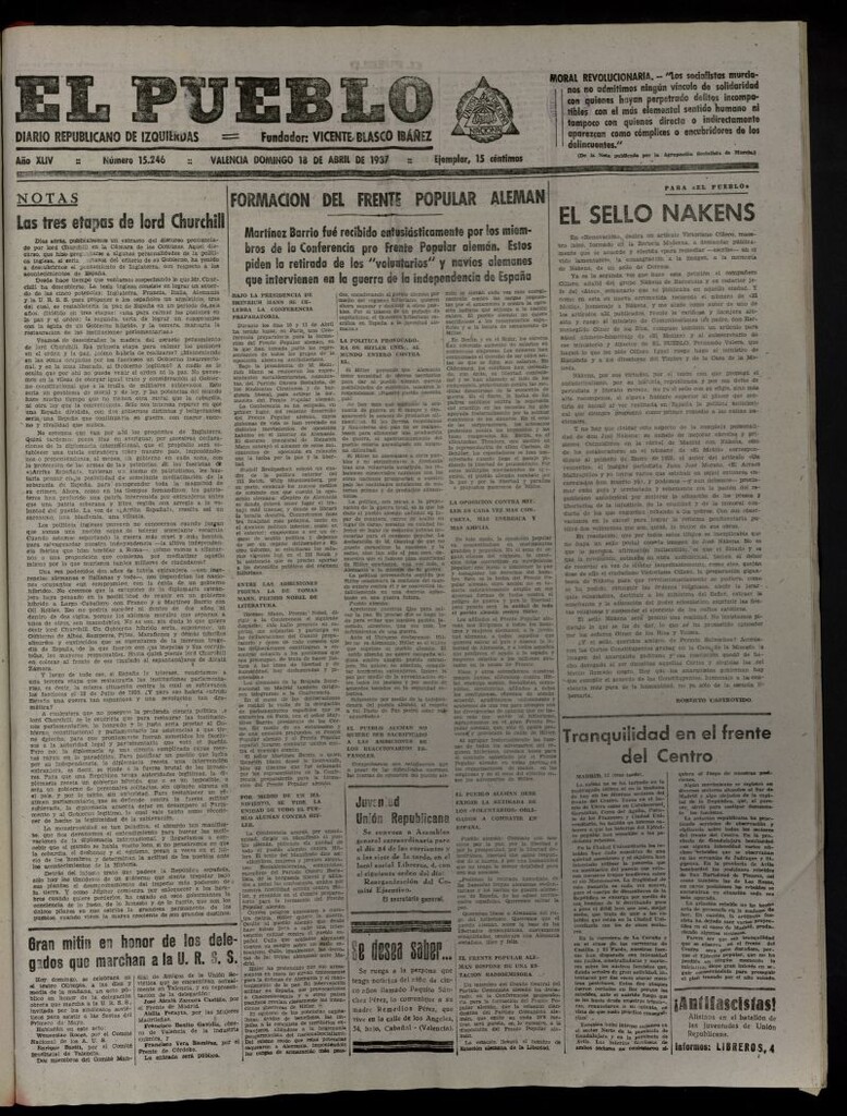 Miniatura de El Pueblo : Diario republicano de Valencia del 18 de abril de 1937, nº 15.246