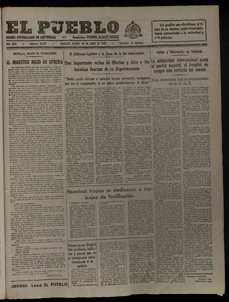 Miniatura de El Pueblo : Diario republicano de Valencia del 20 de abril de 1937, nº 15.247