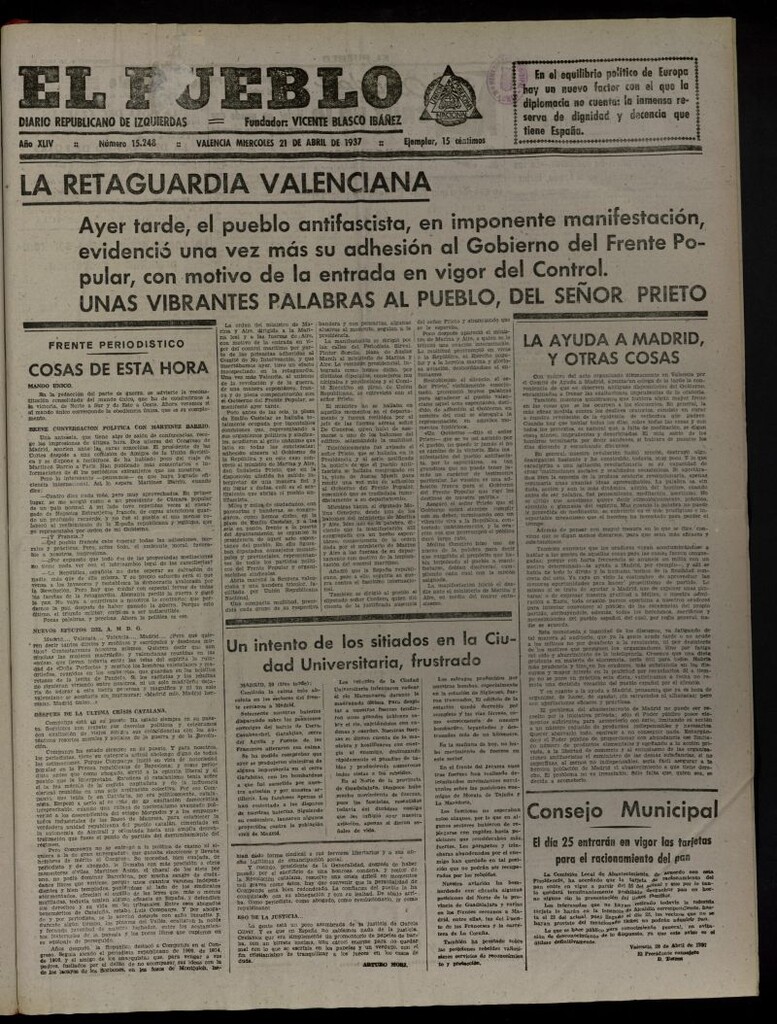 Miniatura de El Pueblo : Diario republicano de Valencia del 21 de abril de 1937, nº 15.248
