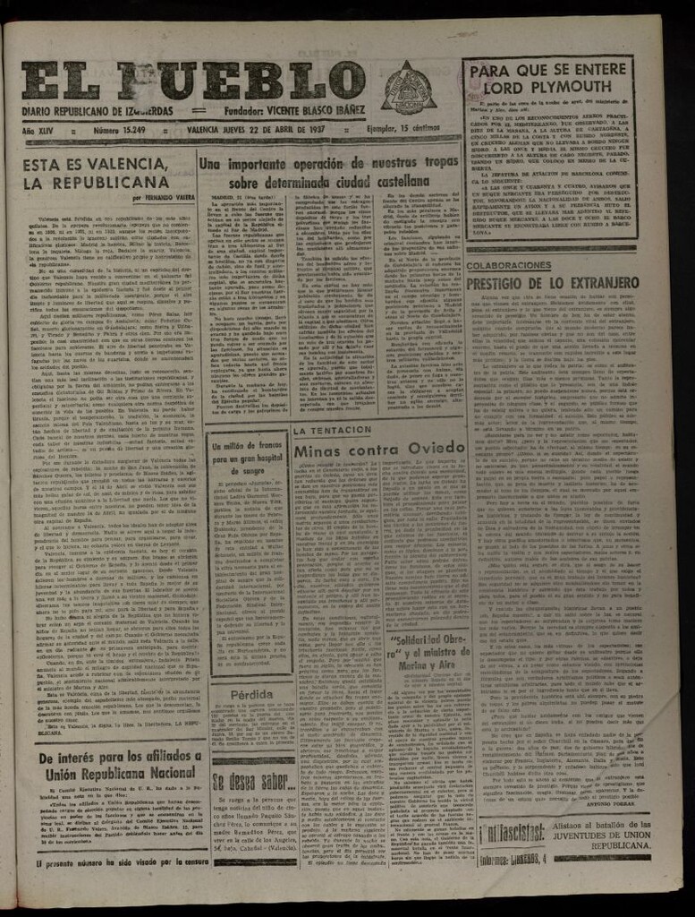 Miniatura de El Pueblo : Diario republicano de Valencia del 22 de abril de 1937, nº 15.249
