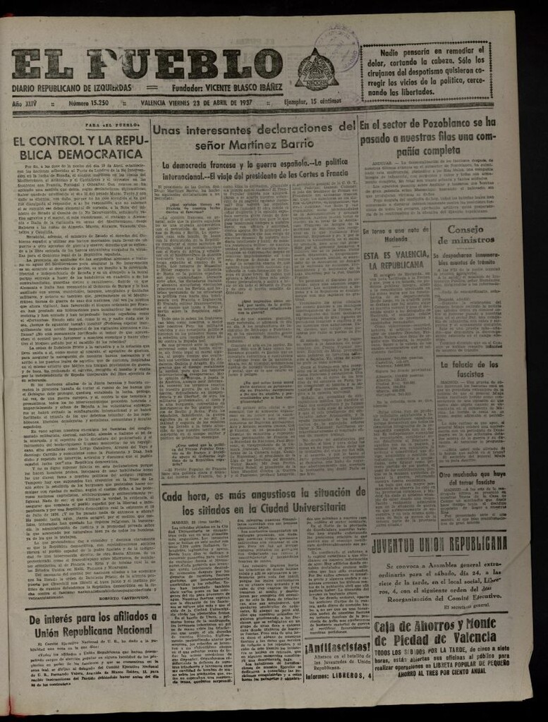 Miniatura de El Pueblo : Diario republicano de Valencia del 23 de abril de 1937, nº 15.250