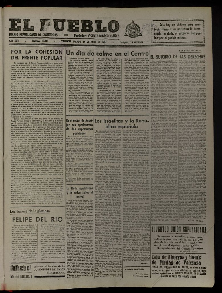 Miniatura de El Pueblo : Diario republicano de Valencia del 24 de abril de 1937, nº 15.251