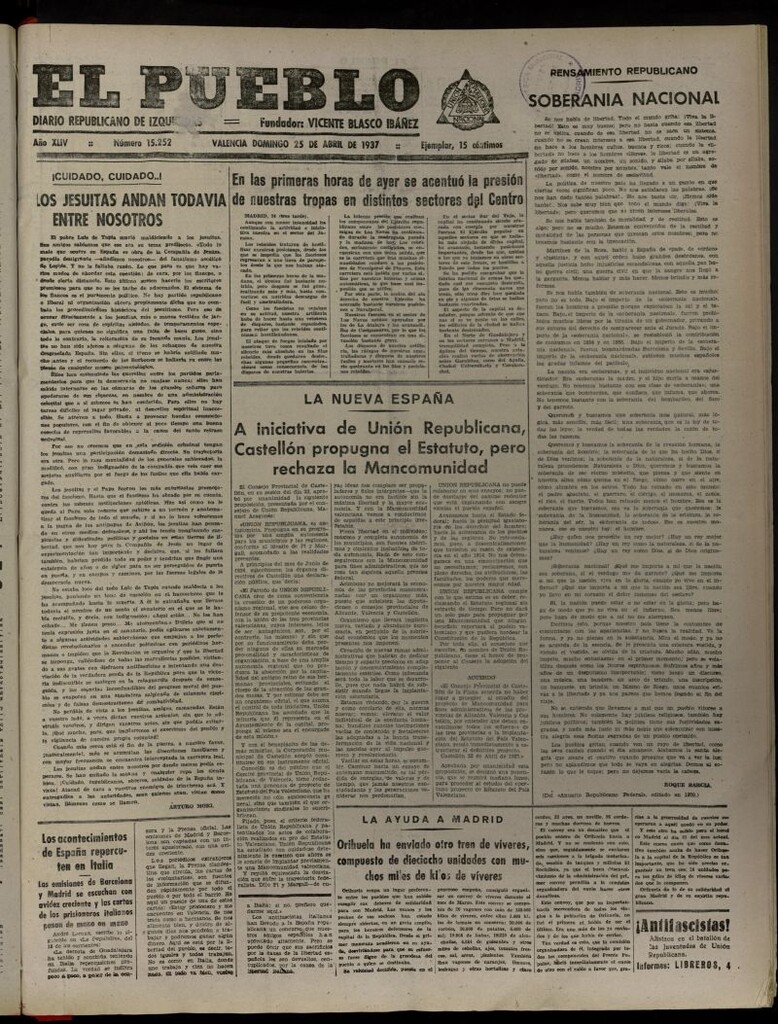 Miniatura de El Pueblo : Diario republicano de Valencia del 25 de abril de 1937, nº 15.252