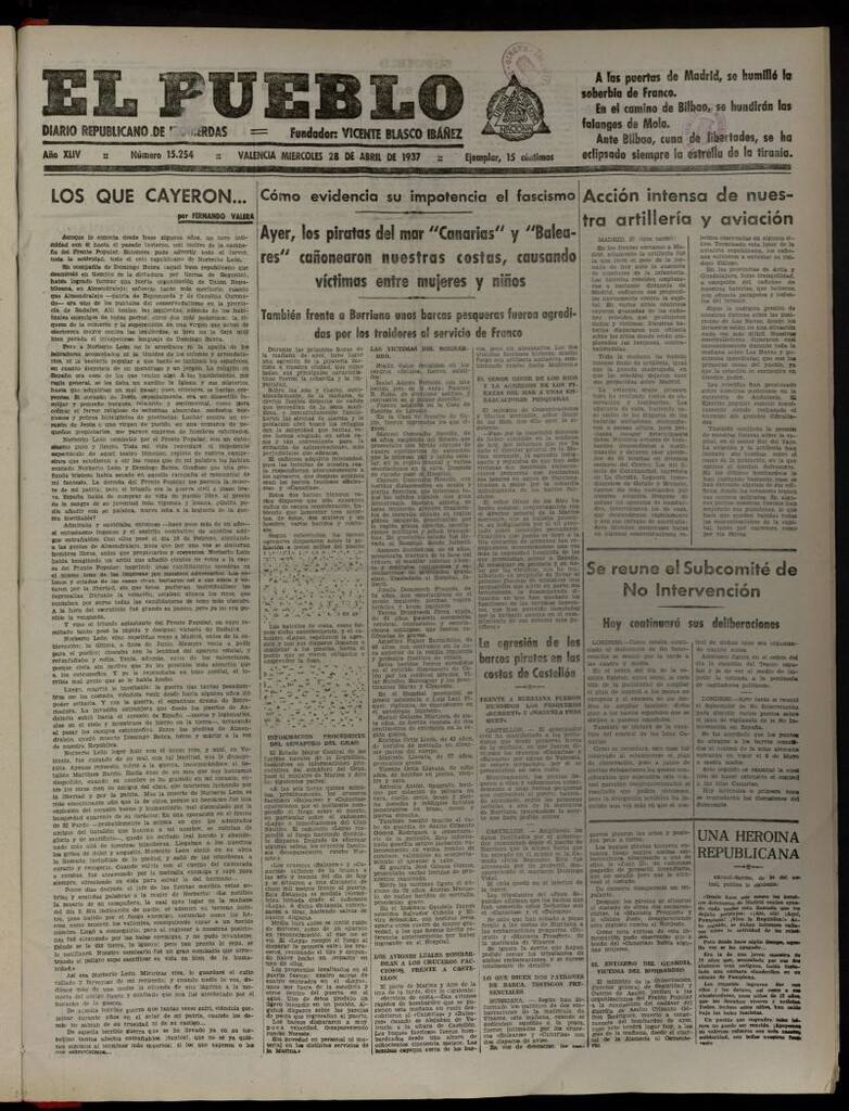 Miniatura de El Pueblo : Diario republicano de Valencia del 28 de abril de 1937, nº 15.254