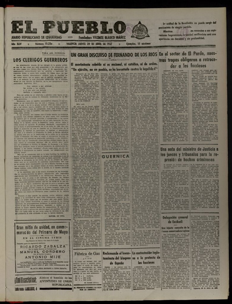 Miniatura de El Pueblo : Diario republicano de Valencia del 29 de abril de 1937, nº 15.255