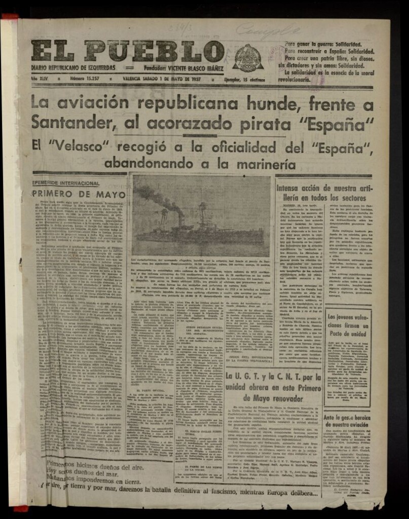 Miniatura de El Pueblo : Diario republicano de Valencia del 1 de mayo de 1937, nº 15.257