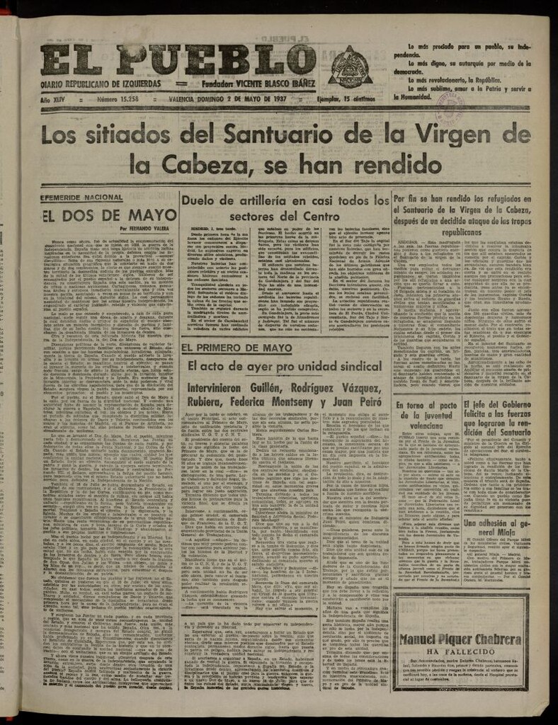 Miniatura de El Pueblo : Diario republicano de Valencia del 2 de mayo de 1937, nº 15.258